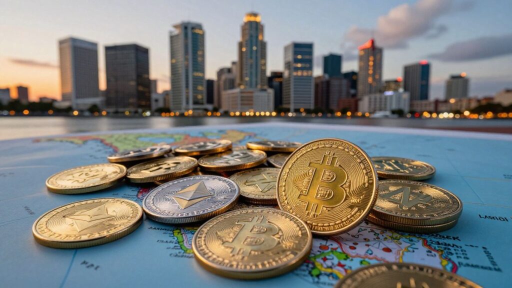Tampa skyline with cryptocurrency coins.