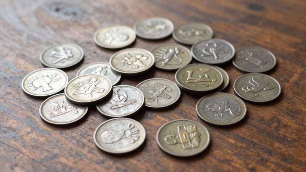 Old wartime coins with mixed metals on wooden table