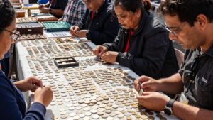 Tampa coin market with diverse coins and interested buyers.