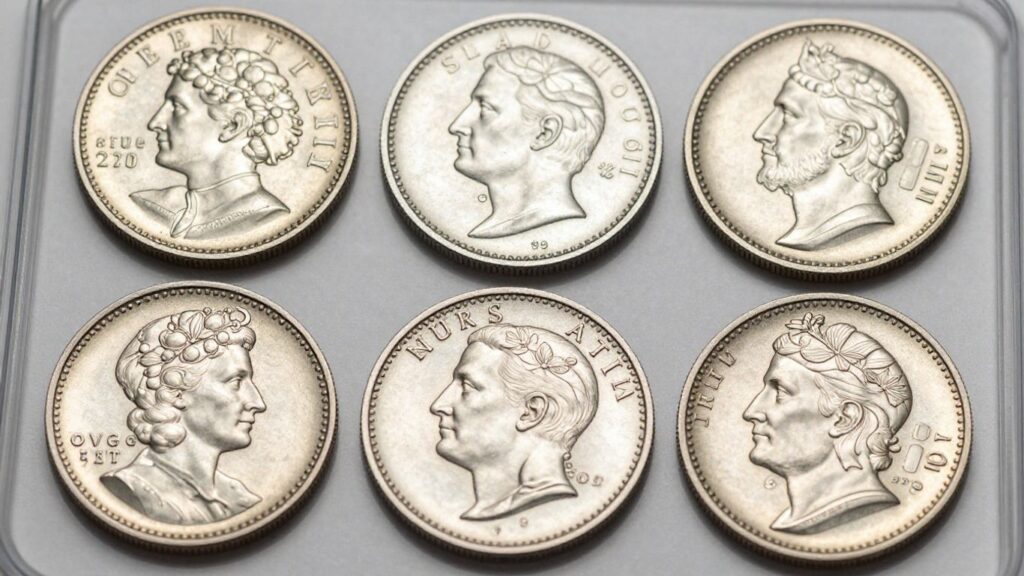 Collection of shiny, uncirculated coins in mint sets.