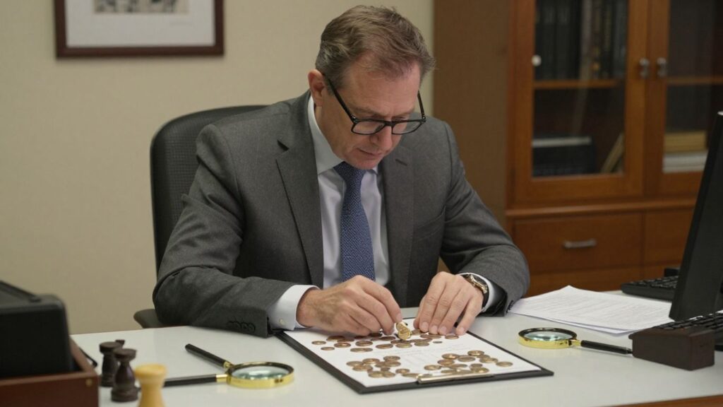 Coin consultant inspecting rare coins at desk in Tampa