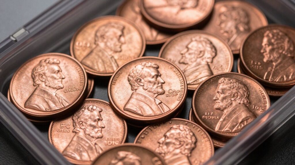 Encased Lincoln cents stacked for sale in Tampa.