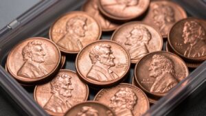 Encased Lincoln cents stacked for sale in Tampa.
