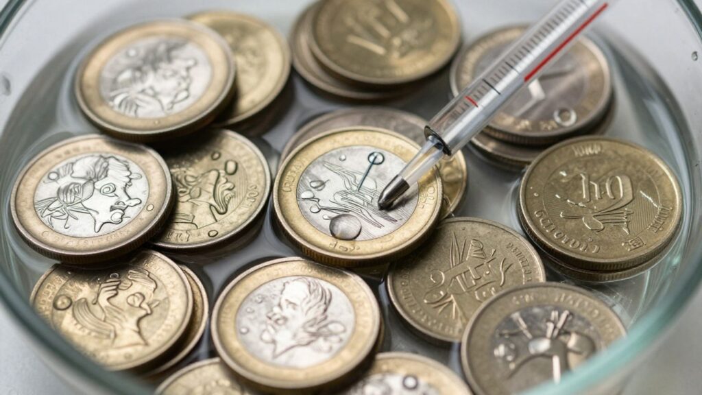 Coins and hydrometer for specific gravity testing.