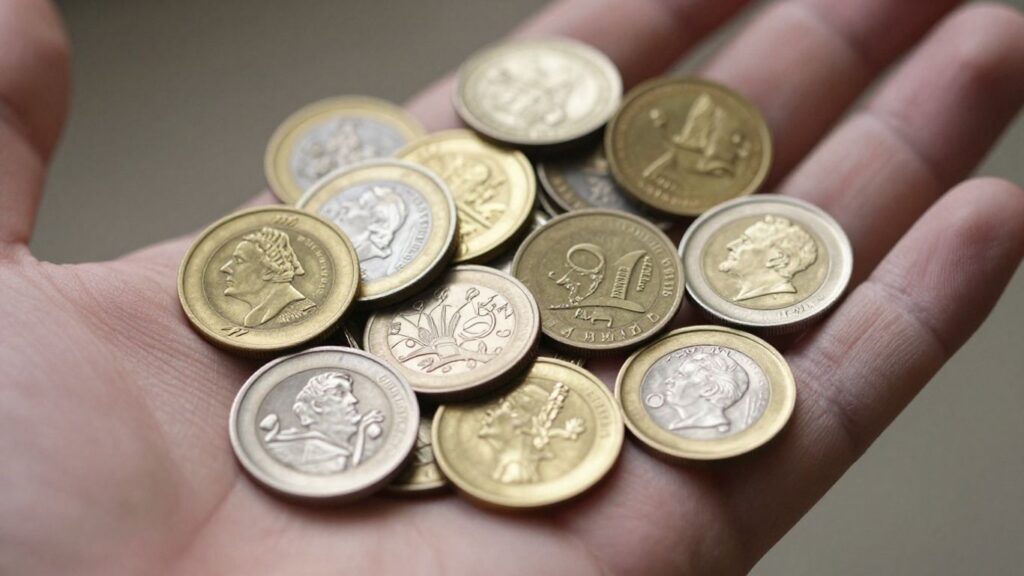 Collection of diverse coins held in hand
