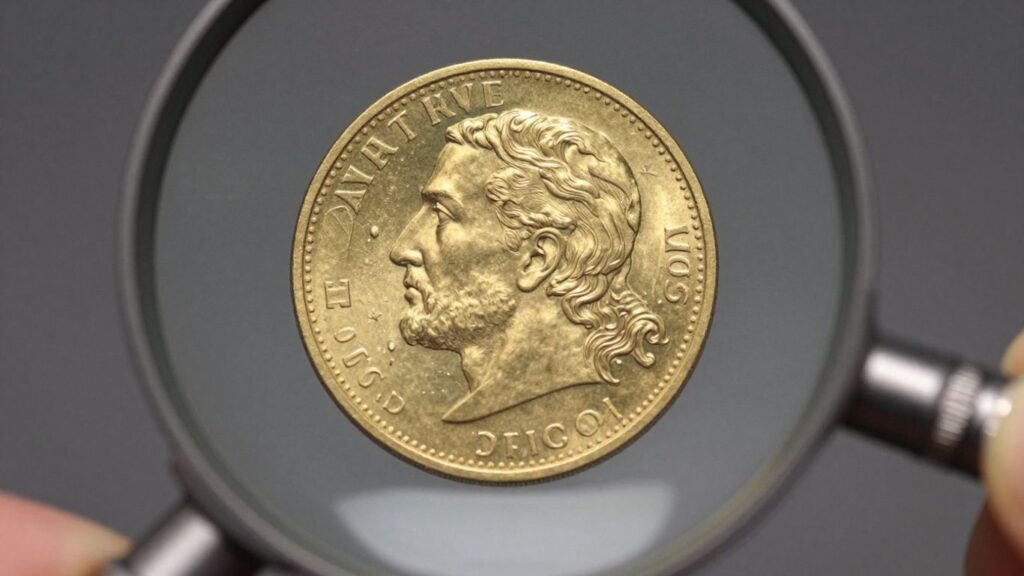 Magnifying glass over a gold coin for authenticity check.