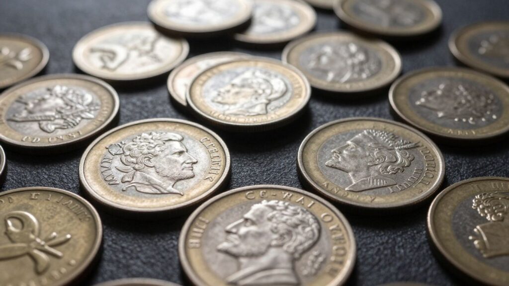 Collection of various coins with detailed textures.