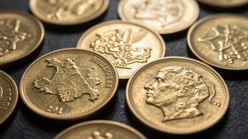 Territorial gold coins with intricate designs.