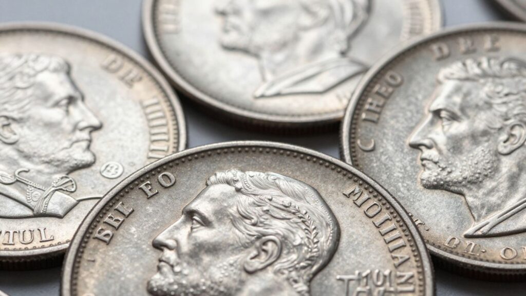 Close-up of silver coins with historical imagery.