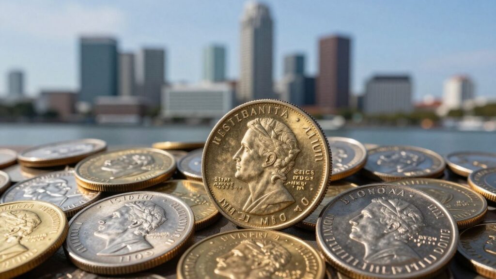 Private mint coins with Tampa skyline background.