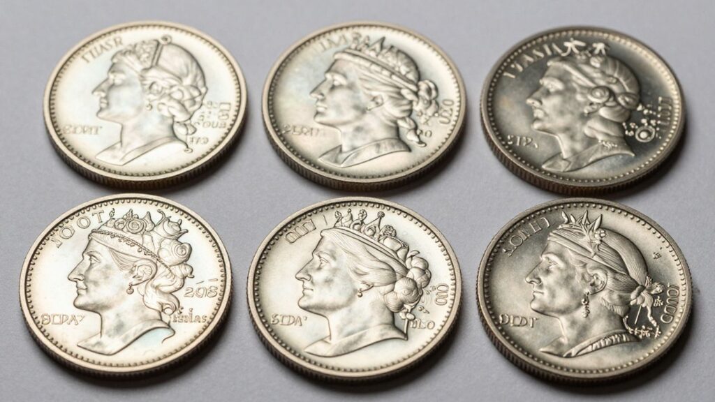 Proof coin sets with mirror-like finish and intricate details.
